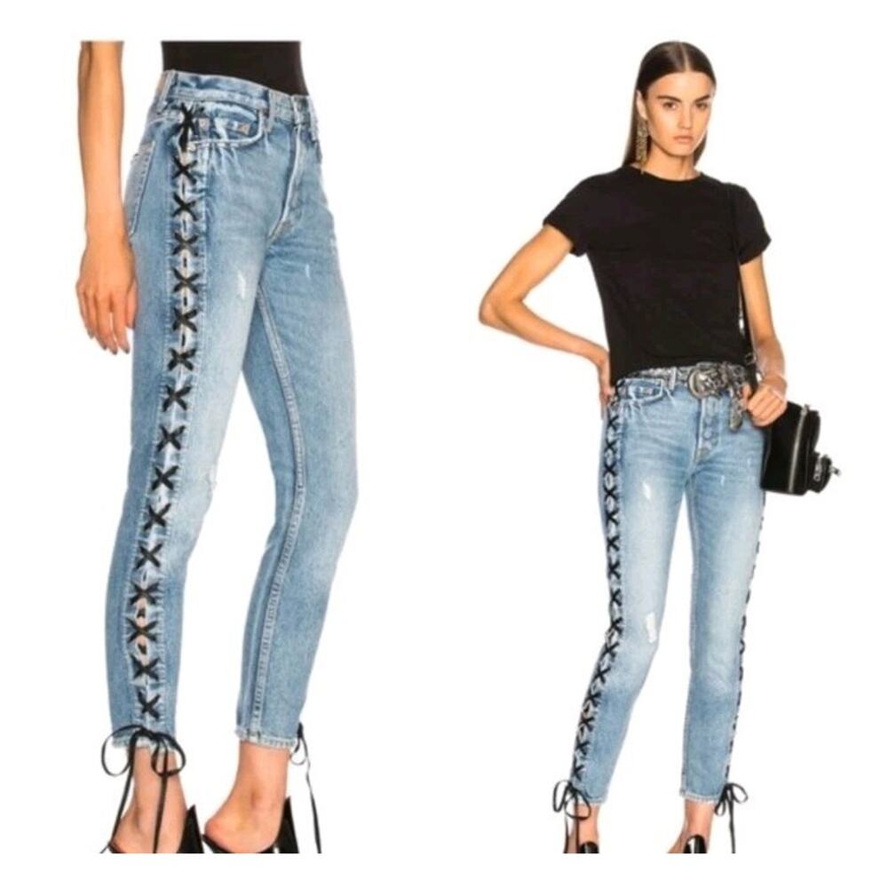 GRLFRND Karolina Lace Up Skinny Jeans Sz 25 Distressed Blue Denim Indie Edgy